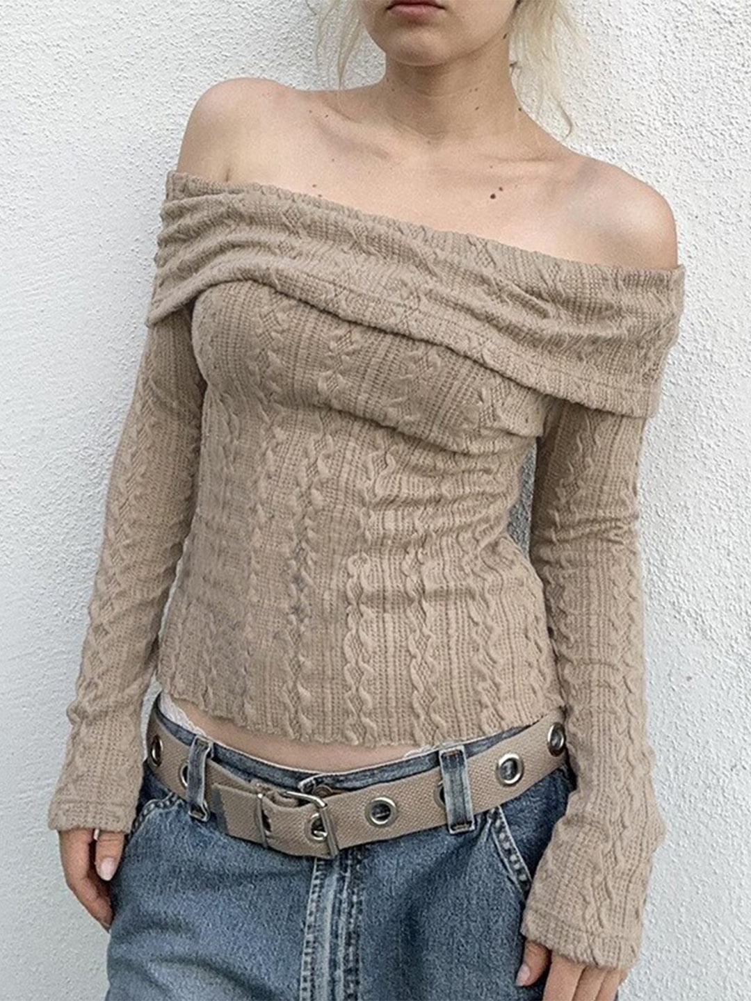 

StyleCast Brown Self Design Off-Shoulder Top