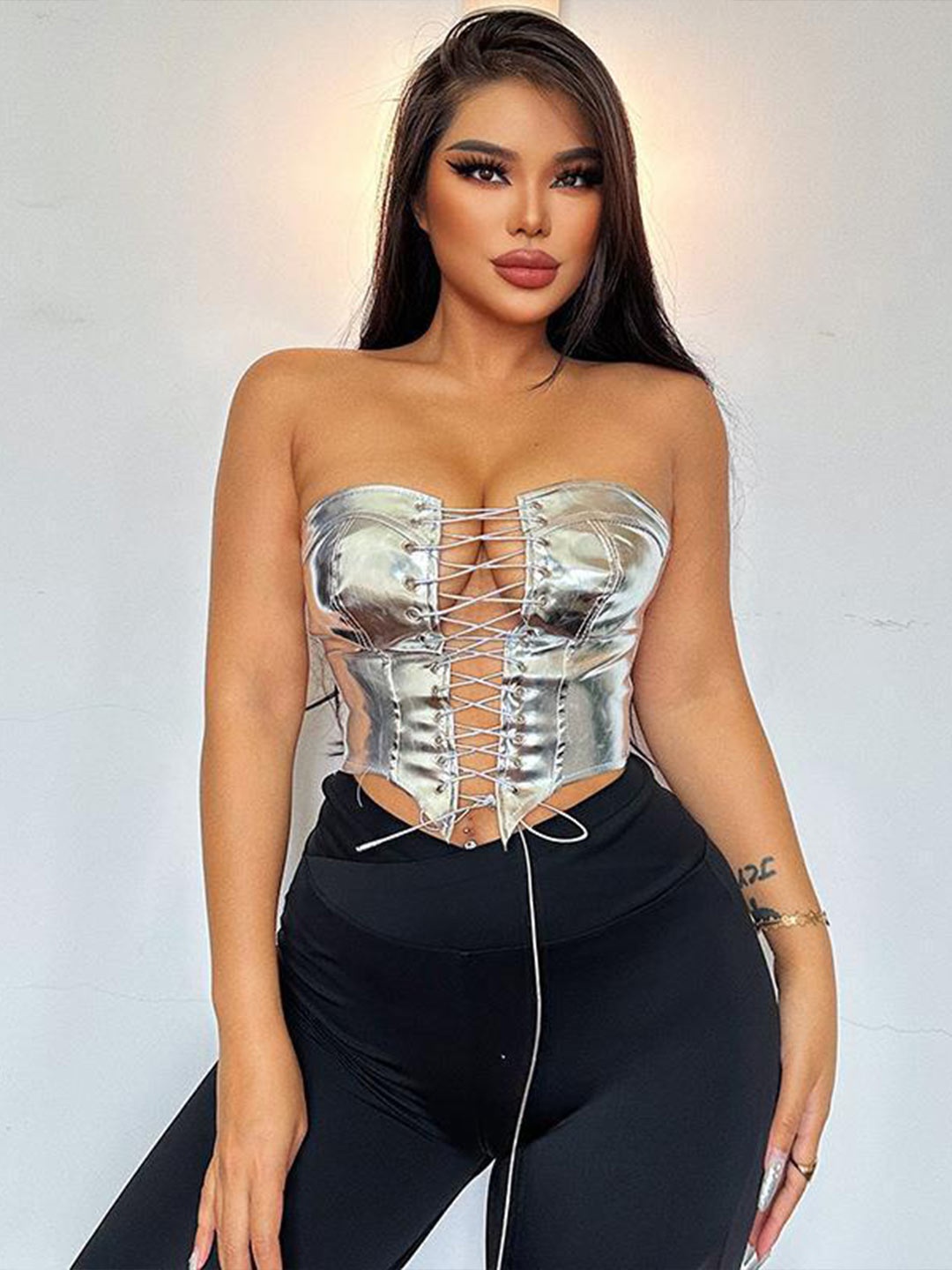 

StyleCast Metallic Strapless Corset Crop Top, Silver