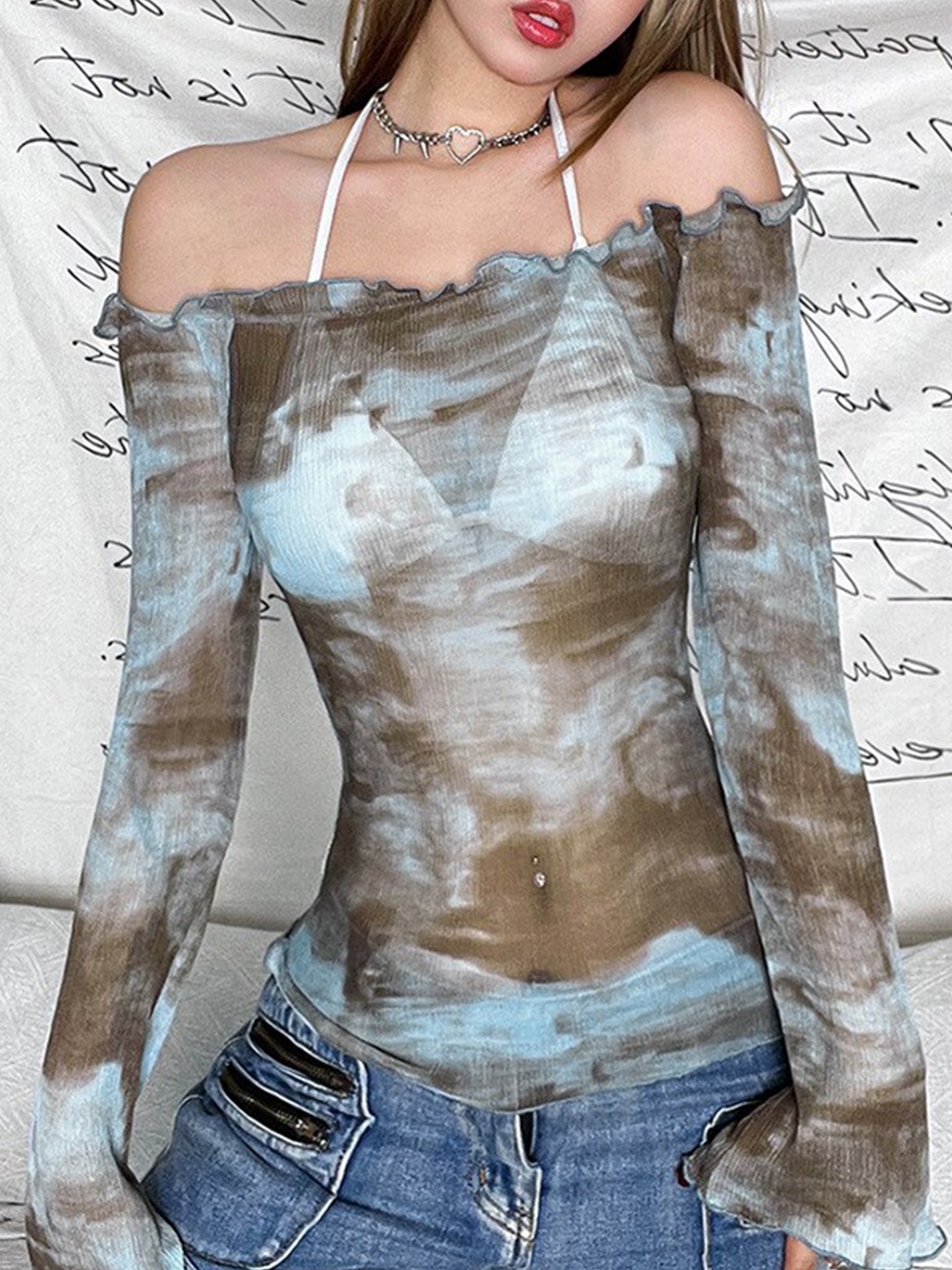

StyleCast Blue Abstract Printed Off-Shoulder Fitted Top
