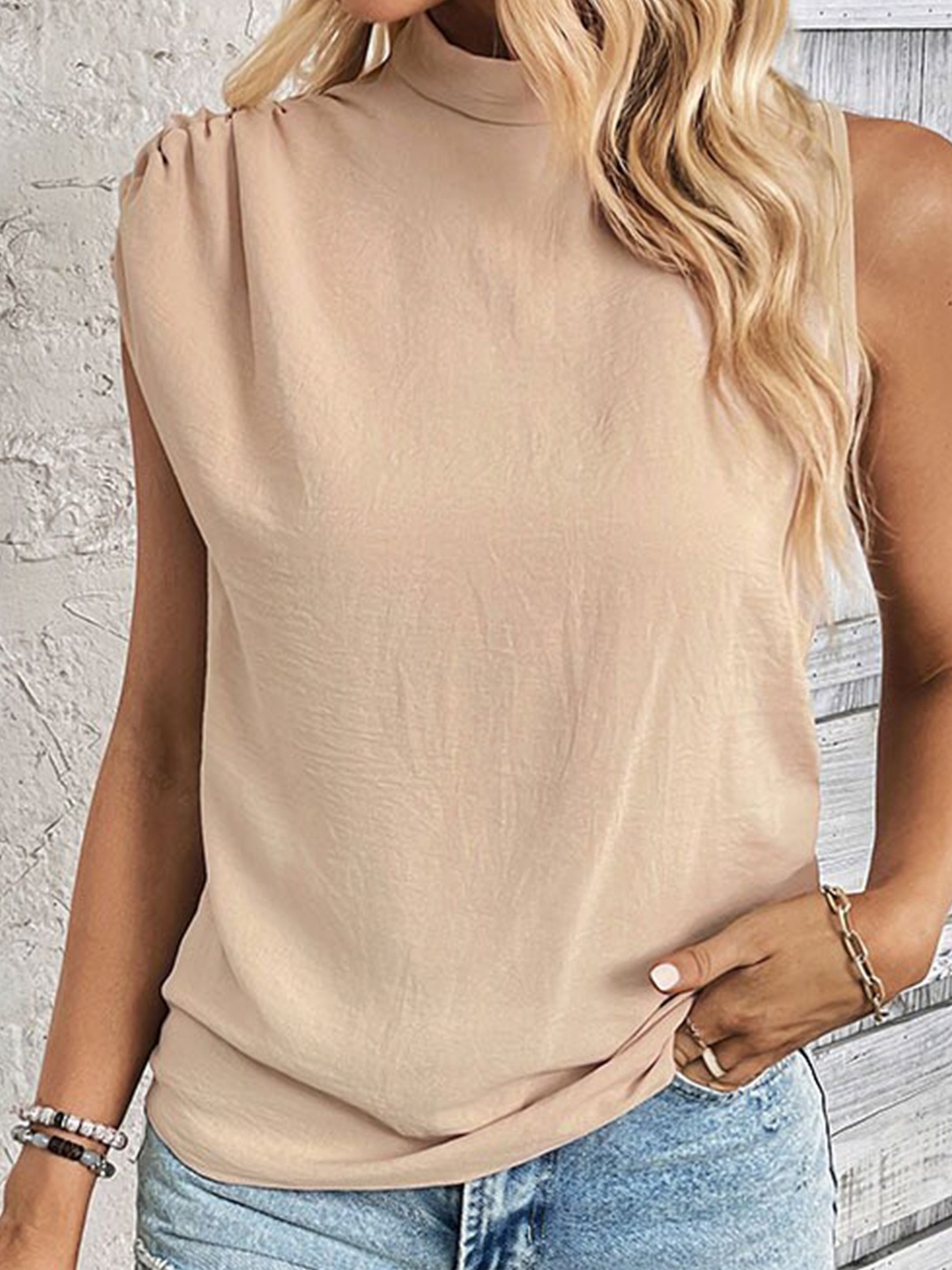 

StyleCast Beige High Neck Extended Sleeves Top