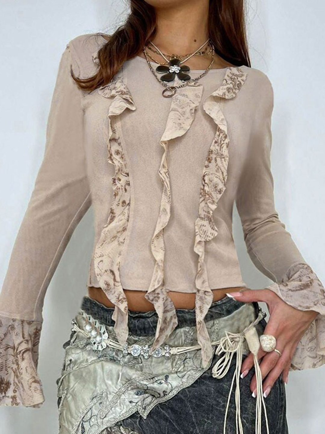 

StyleCast Khaki Ruffled Detailed Regular Top