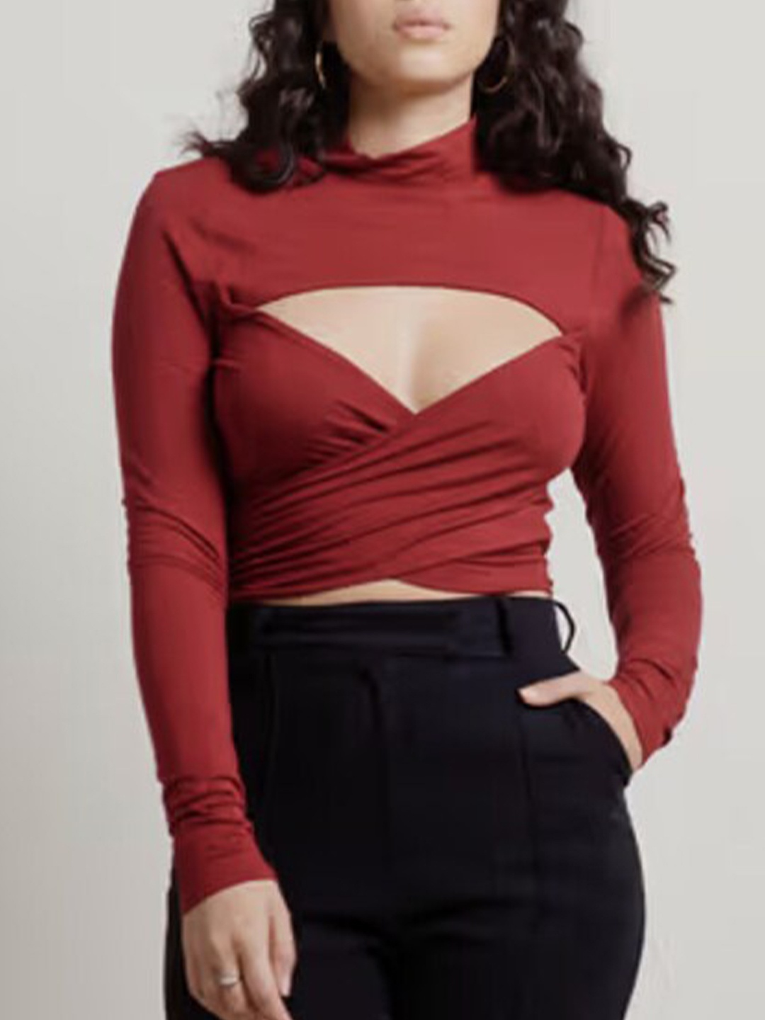 

StyleCast Maroon Cut Out Crepe Wrap Crop Top
