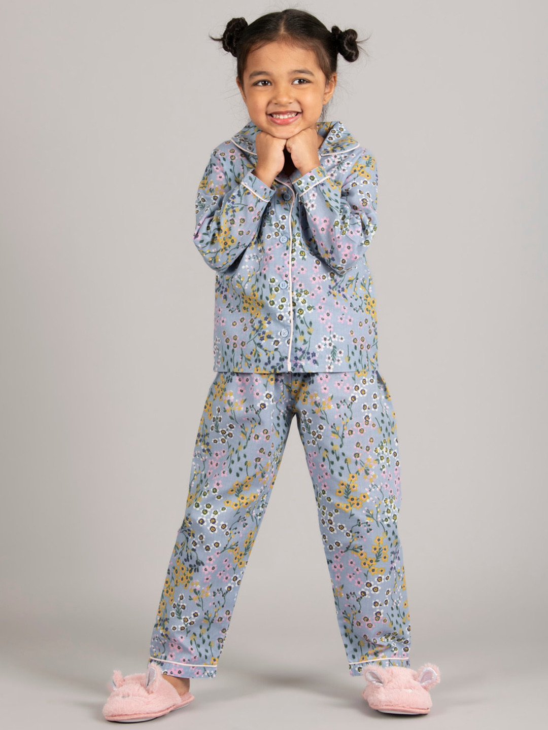 

Zalio Girls Floral Printed Pure Cotton Night suit, Blue