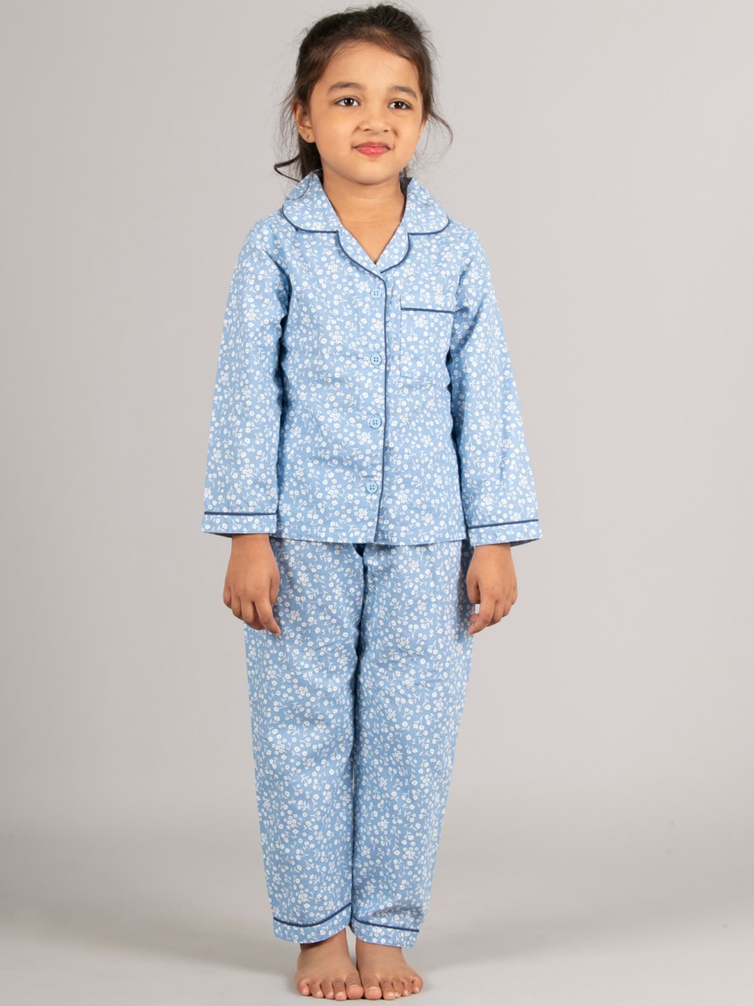 

Zalio Girls Floral Printed Pure Cotton Night suit, Blue