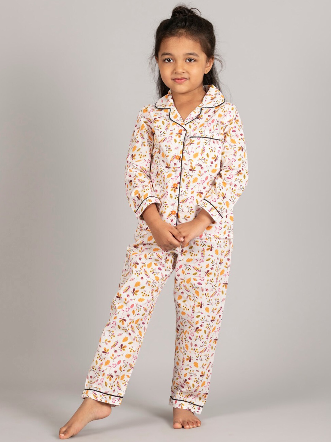 

Zalio Girls Floral Printed Pure Cotton Night suit, White