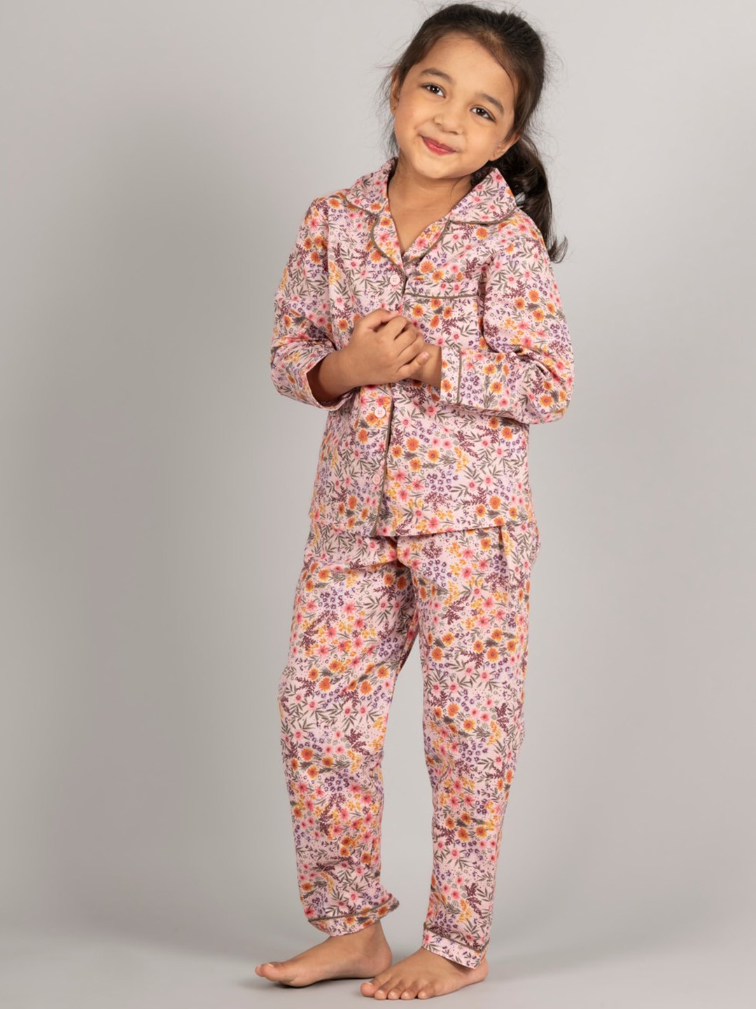 

Zalio Girls Floral Printed Pure Cotton Night suit, White