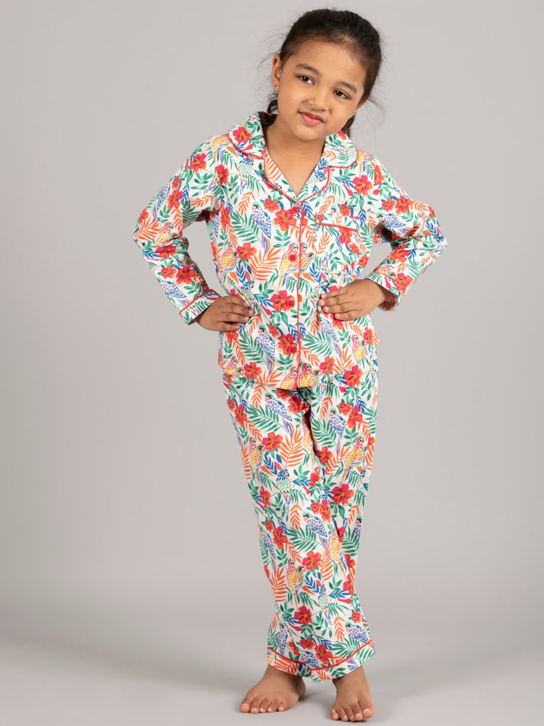 

Zalio Girls Floral Printed Pure Cotton Night suit, Red