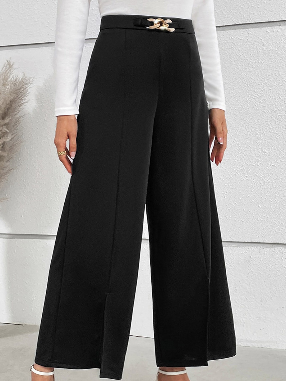 

StyleCast Women Black Loose Fit High-Rise Pleated Parallel Trousers