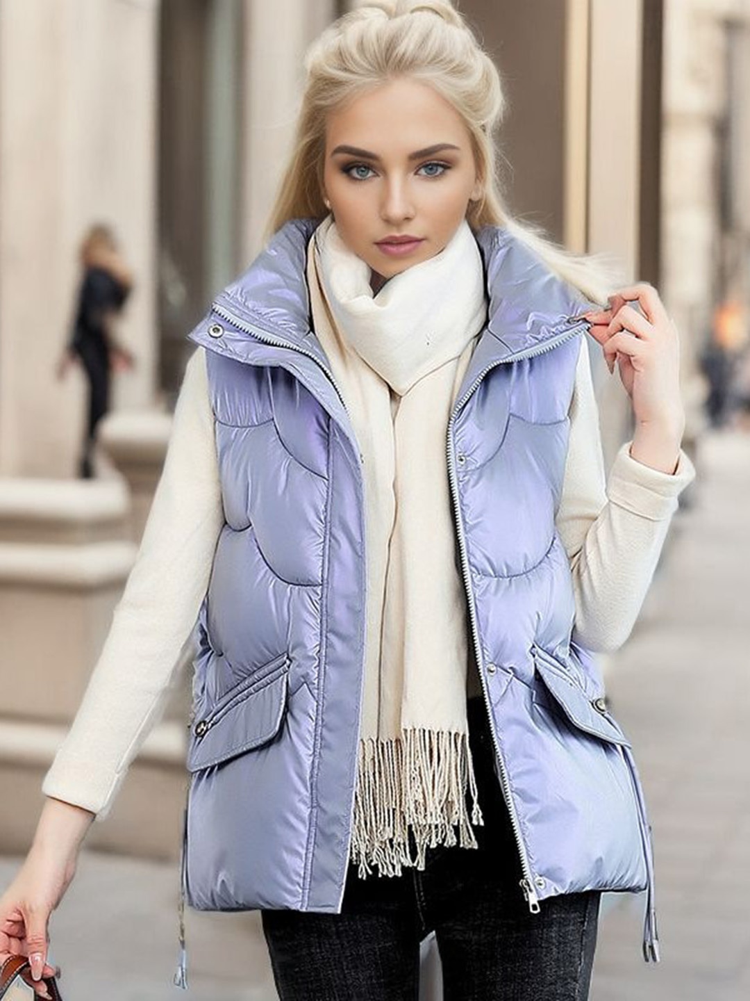 

StyleCast Blue Mock Collar Sleeveless Puffer Jacket