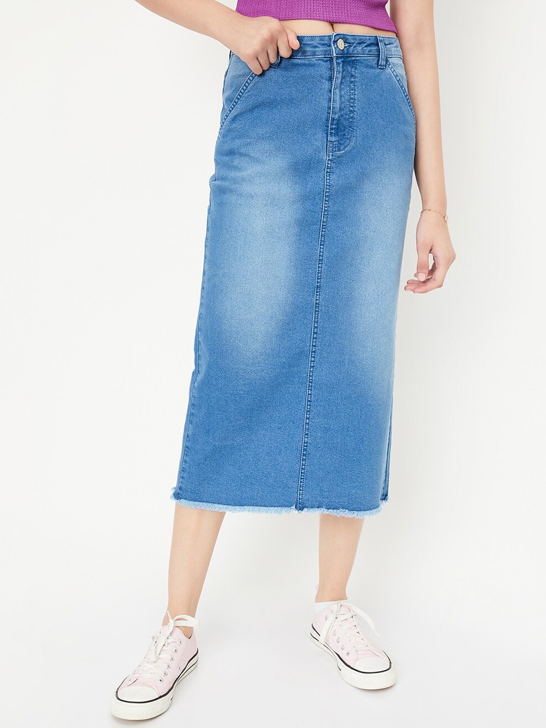 

max Straight Denim Midi Skirts, Blue