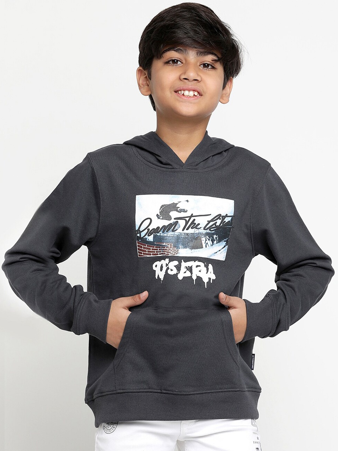 

Lil Tomatoes Boys Graphic Printed Hooded Terry Pullover, Charcoal