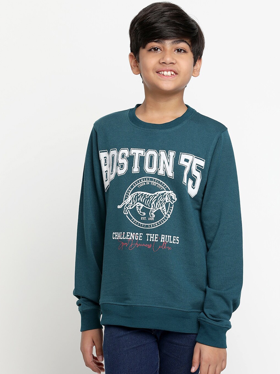 

Lil Tomatoes Boys Typography Printed Round Neck Pullover, Teal