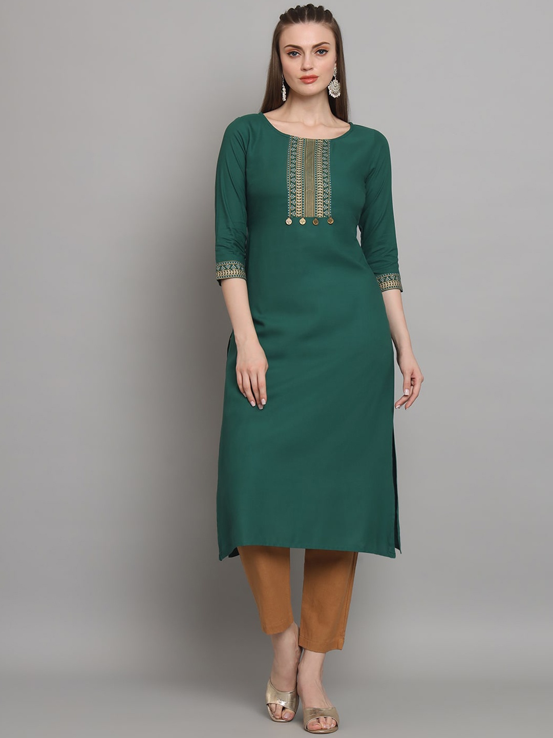 

RANGMAYEE Ethnic Motifs Yoke Design Liva Straight Kurta, Green
