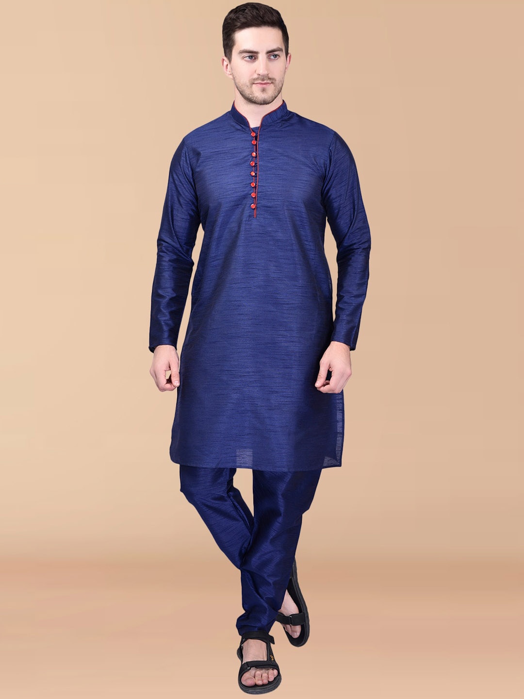 

PRINTCULTR Mandarin Collar Regular Pure Silk Kurta With Pyjamas, Navy blue