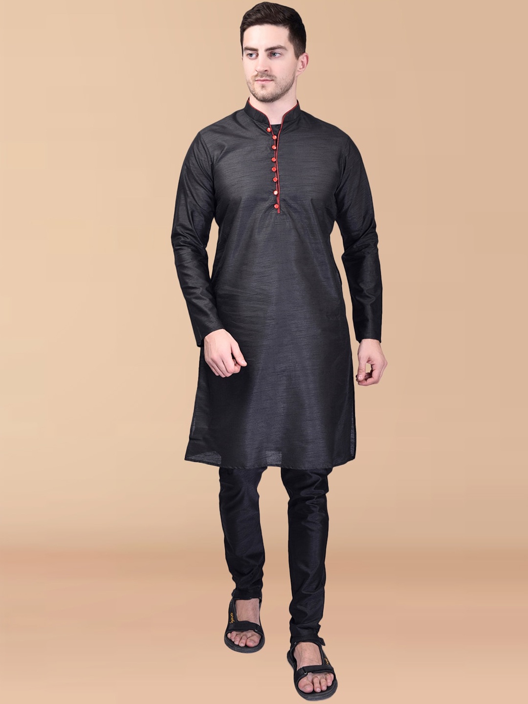 

PRINTCULTR Mandarin Collar Regular Pure Silk Kurta With Pyjamas, Black