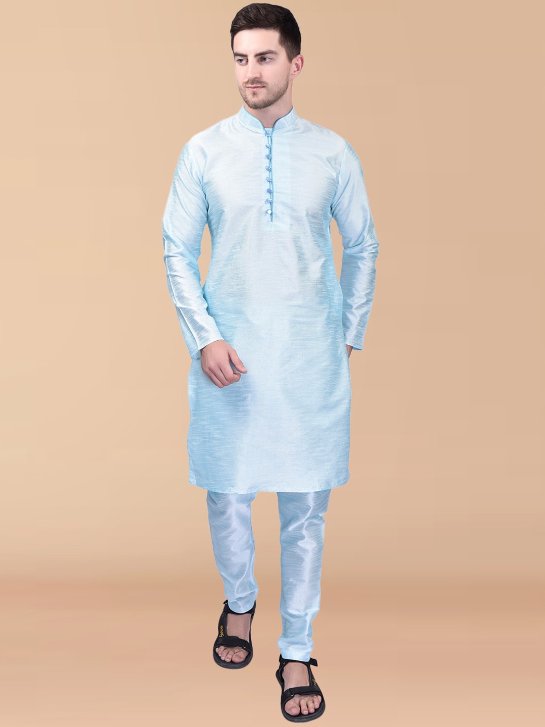 

PRINTCULTR Mandarin Collar Regular Pure Silk Kurta With Pyjamas, Turquoise blue