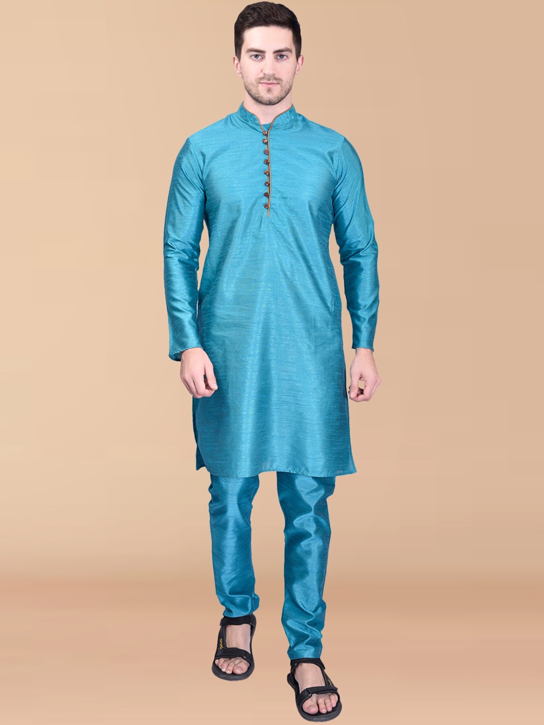 

PRINTCULTR Mandarin Collar Regular Pure Silk Kurta With Pyjamas, Blue