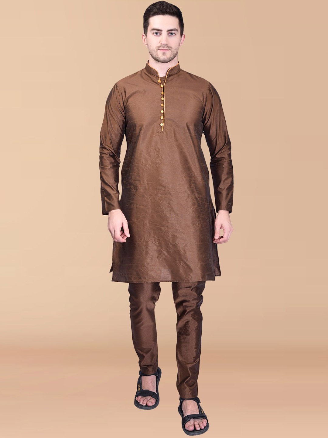 

PRINTCULTR Mandarin Collar Regular Pure Silk Kurta With Pyjamas, Brown
