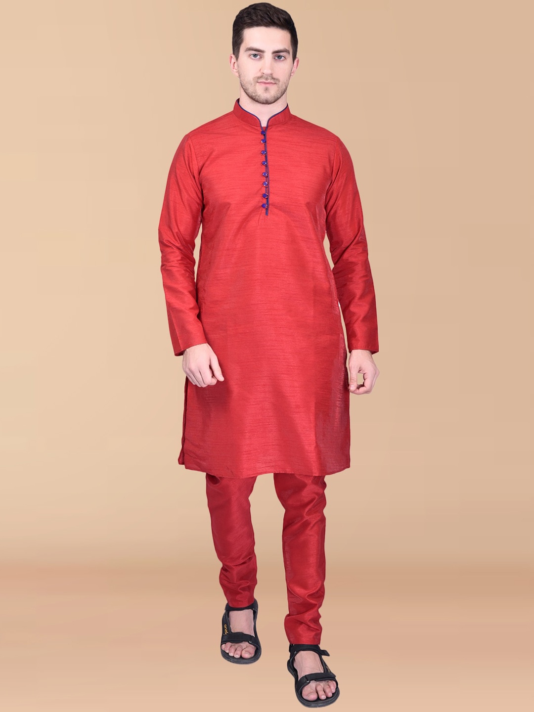 

PRINTCULTR Mandarin Collar Regular Pure Silk Kurta With Pyjamas, Red