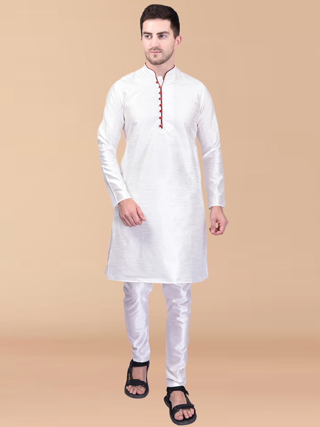 

PRINTCULTR Mandarin Collar Pure Silk Kurta With Trousers, White