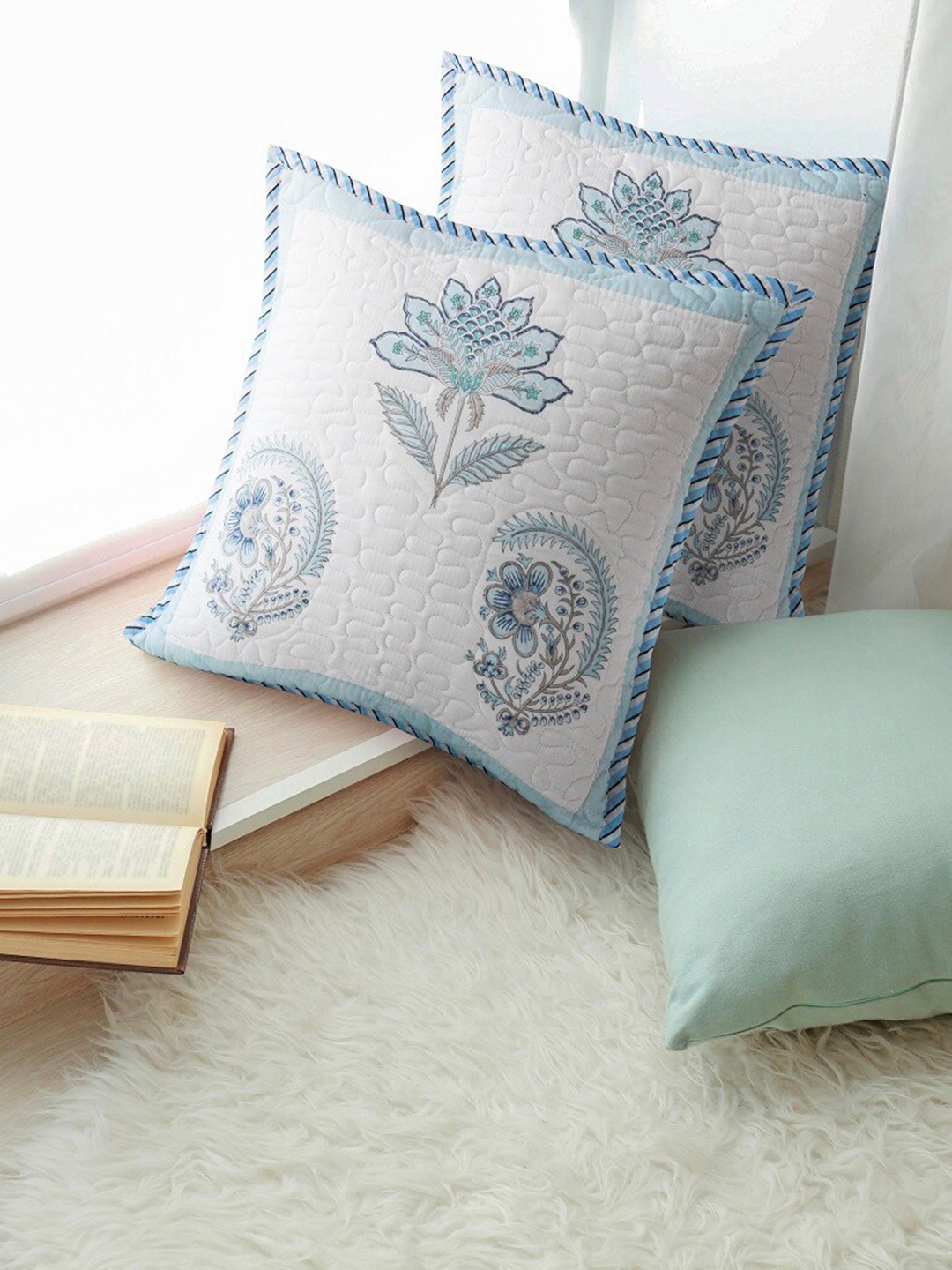 

HOMEMONDE Blue 2 Pieces Floral Square Cushion Covers