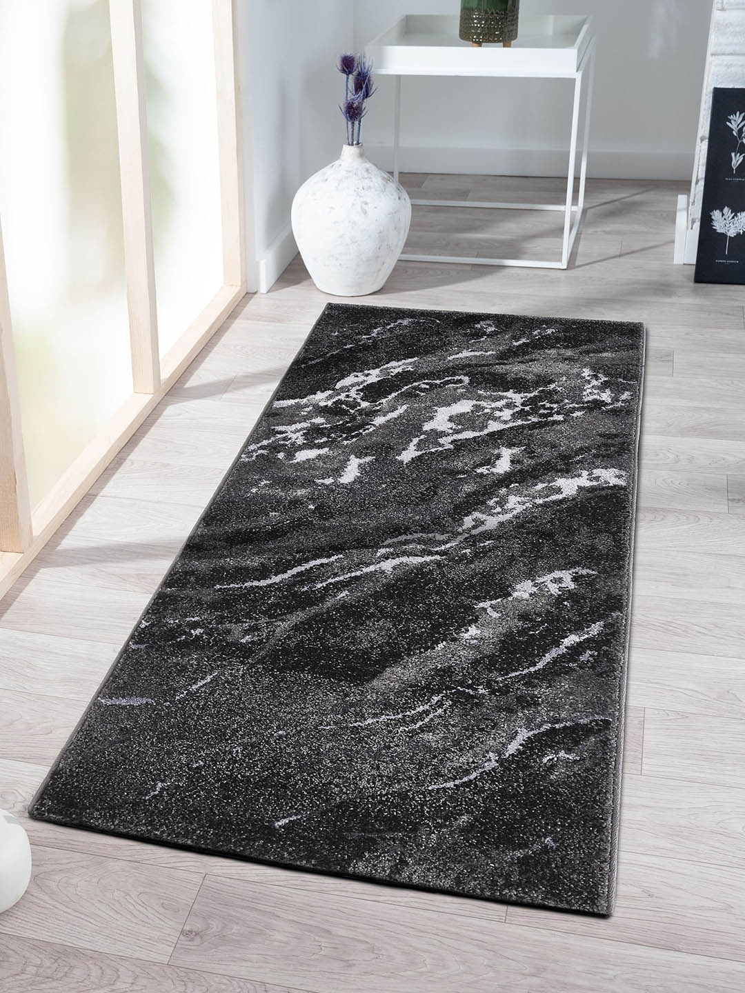 

OBSESSIONS Grey & Cream Coloured Abstract Anti-Static Rectangular Floor Runner
