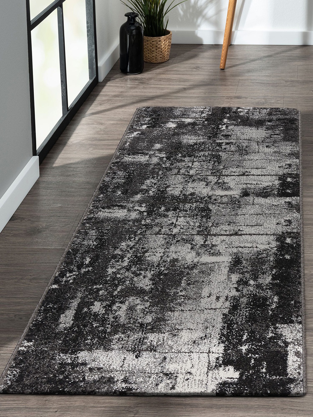 

OBSESSIONS Grey & Black Abstract Pattern Anti Slip Floor Runner