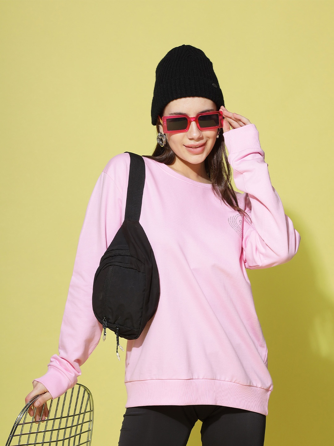 

9shines Label Round Neck Cotton Longline Pullover Sweatshirt, Pink