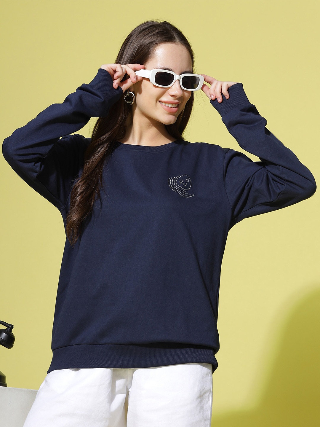 

9shines Label Round Neck Cotton Pullover Sweatshirt, Navy blue