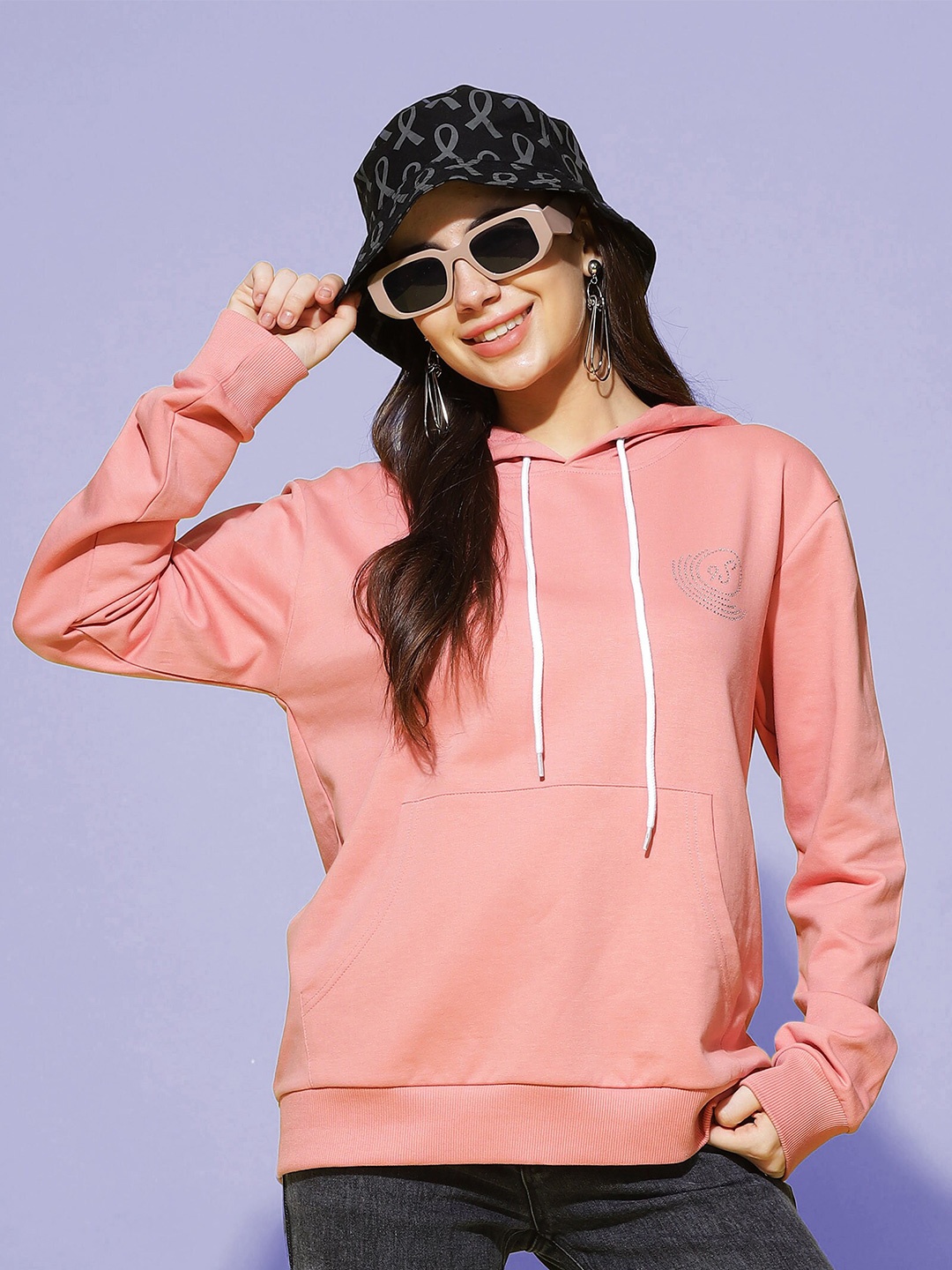 

9shines Label Hooded Cotton Pullover Sweatshirt, Peach