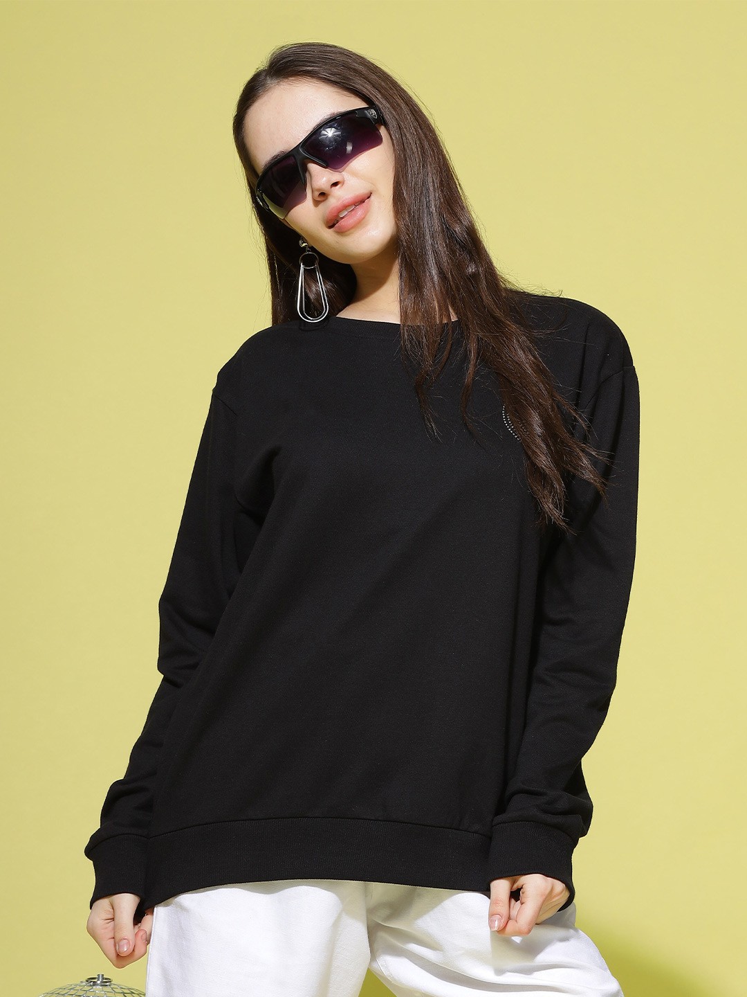 

9shines Label Round Neck Cotton Pullover Sweatshirt, Black