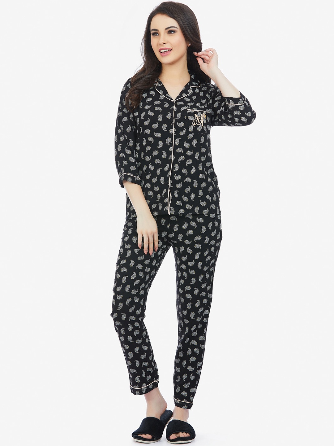 

MAYSIXTY Ethnic Motifs Printed Night suit, Black