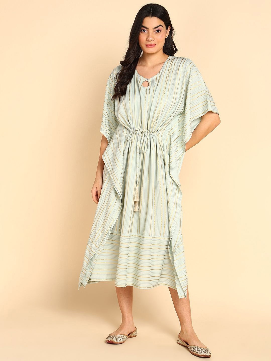 

House Of Zelena Striped Kimono Sleeves Maternity Kaftan Midi Dress, Green