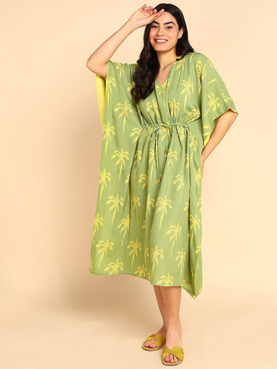 

House Of Zelena Conversational Printed Kimono Sleeves Maternity Kaftan Midi Dress, Green