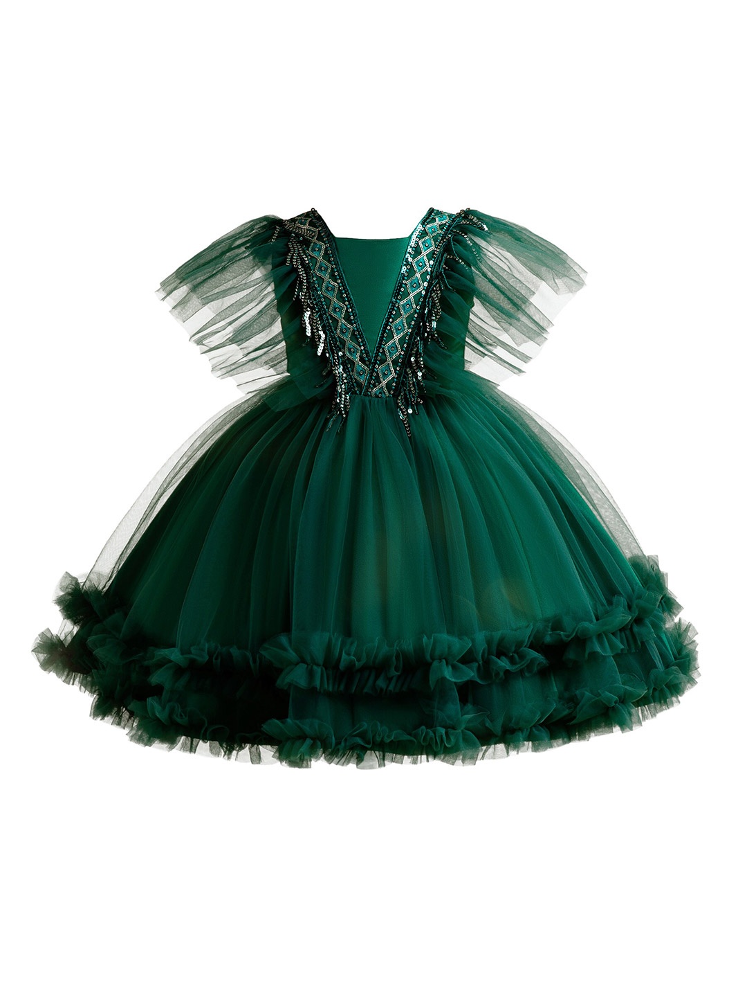 

StyleCast Girls Green Embellished Round Neck Flutter Sleeves Ruffled Balloon Dress