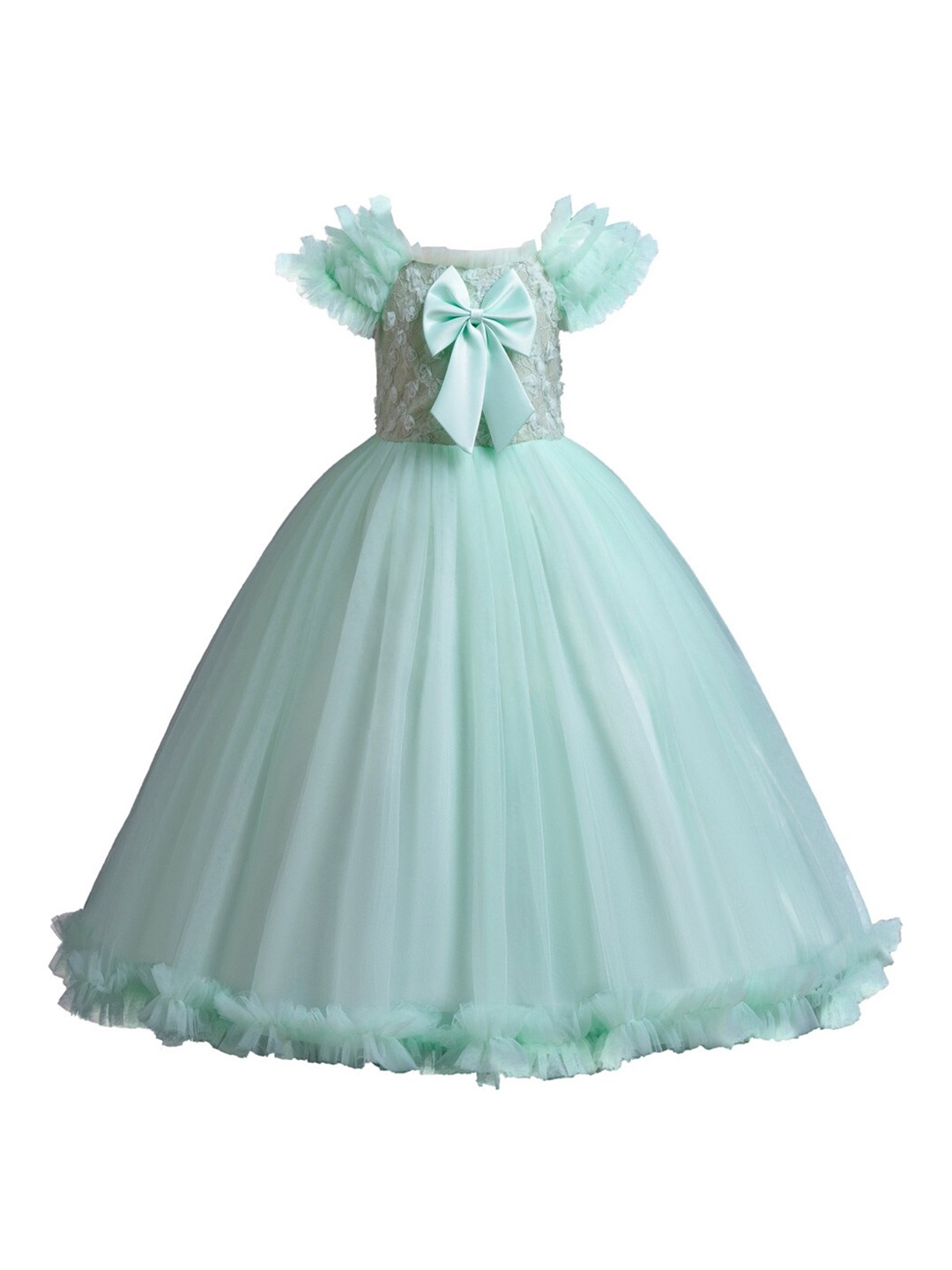 

StyleCast Girls Green Square Neck Flutter Sleeves Bow Maxi Dress