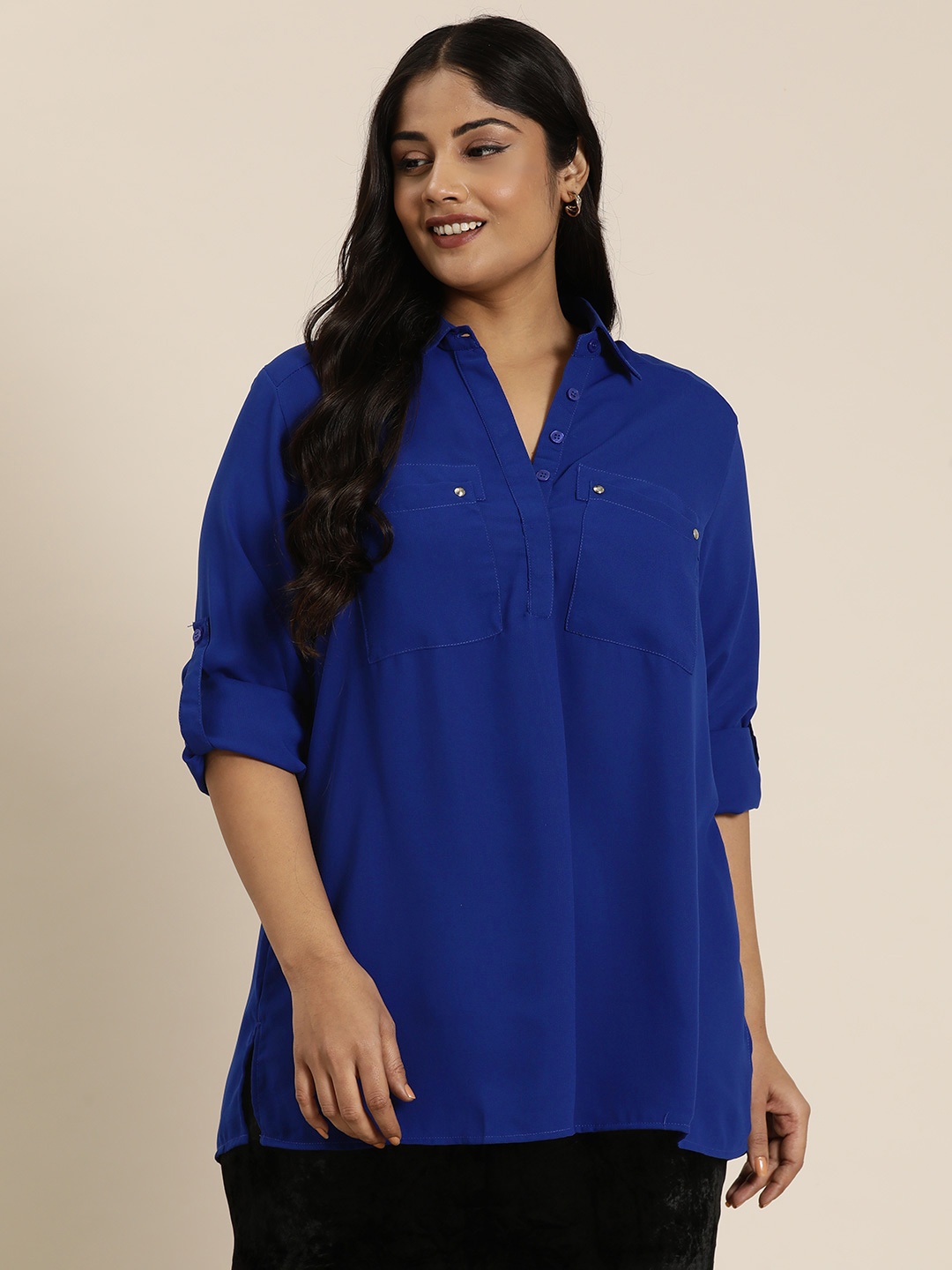 

Qurvii+ Plus Size Comfort Roll-Up Sleeves Casual Shirt, Blue