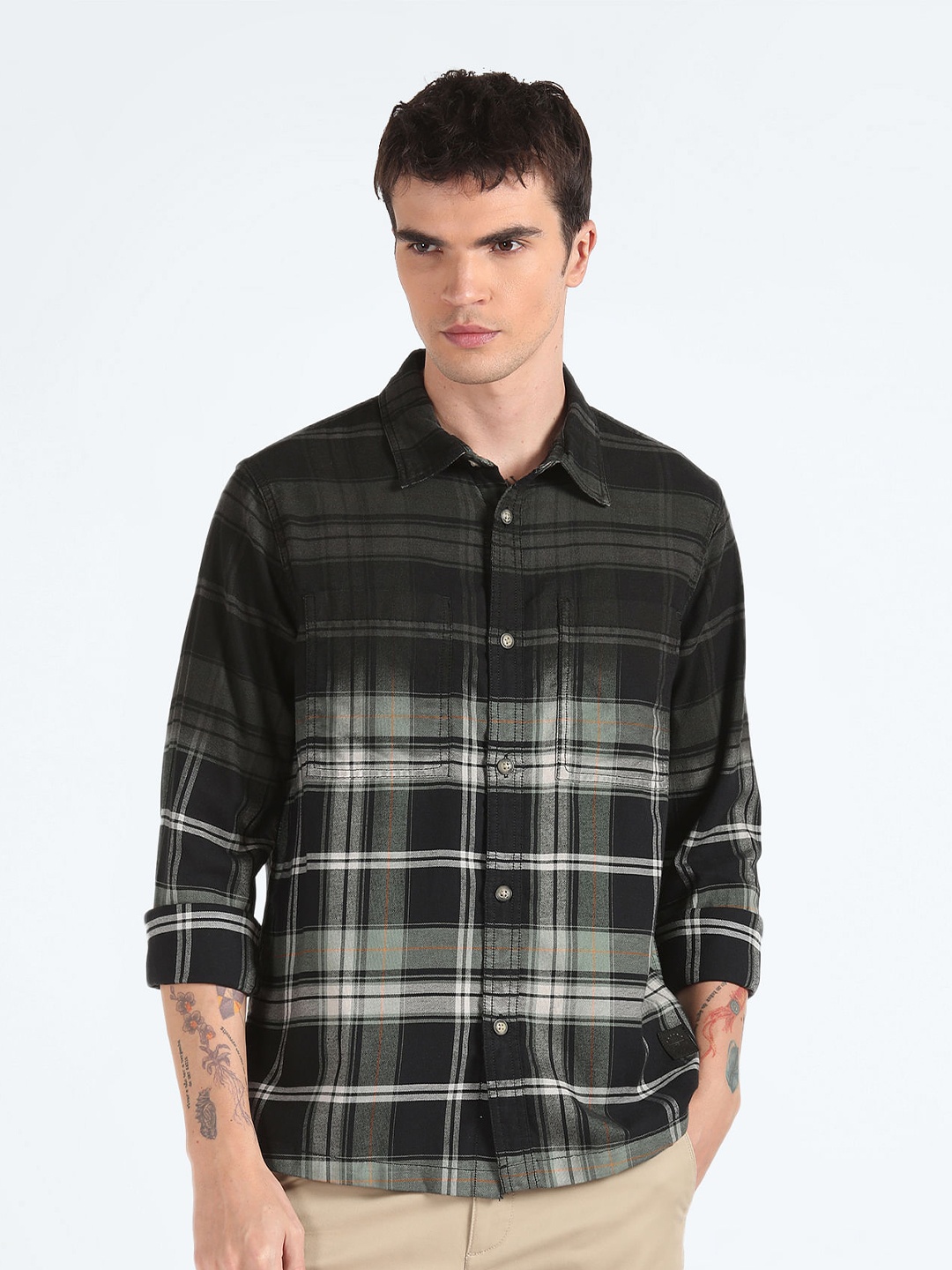 

Flying Machine Tartan Checked Spread Collar Pure Cotton Casual Shirt, Black