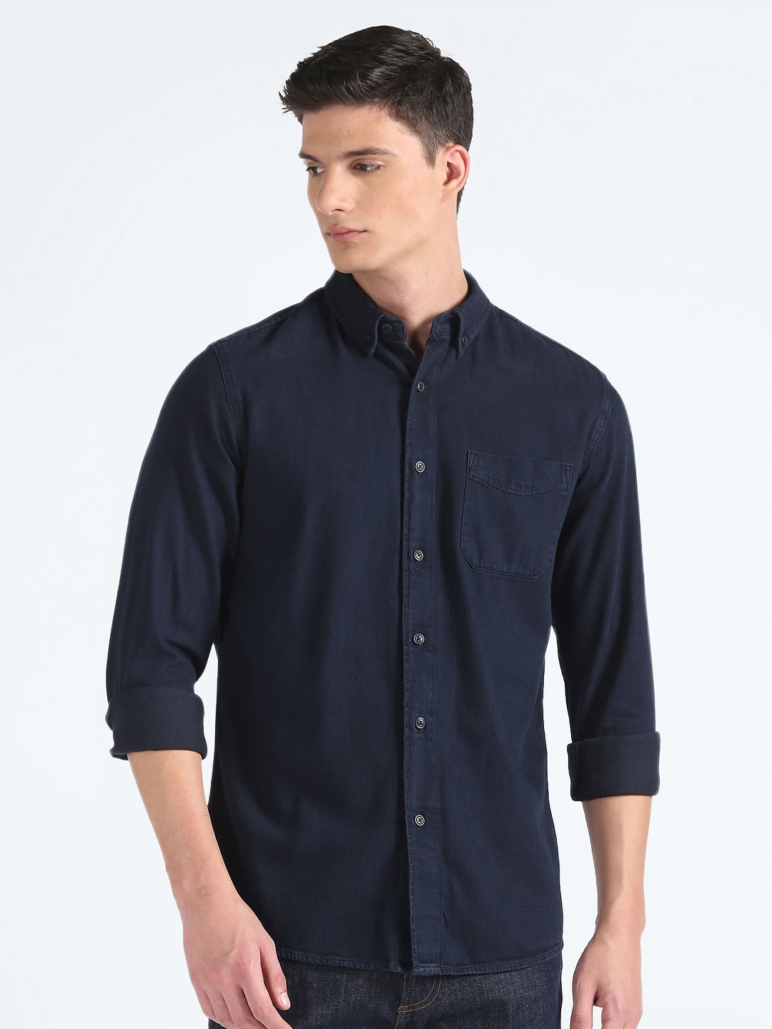 

Flying Machine Slim Fit Button Down Collar Pure Cotton Denim Casual Shirt, Blue