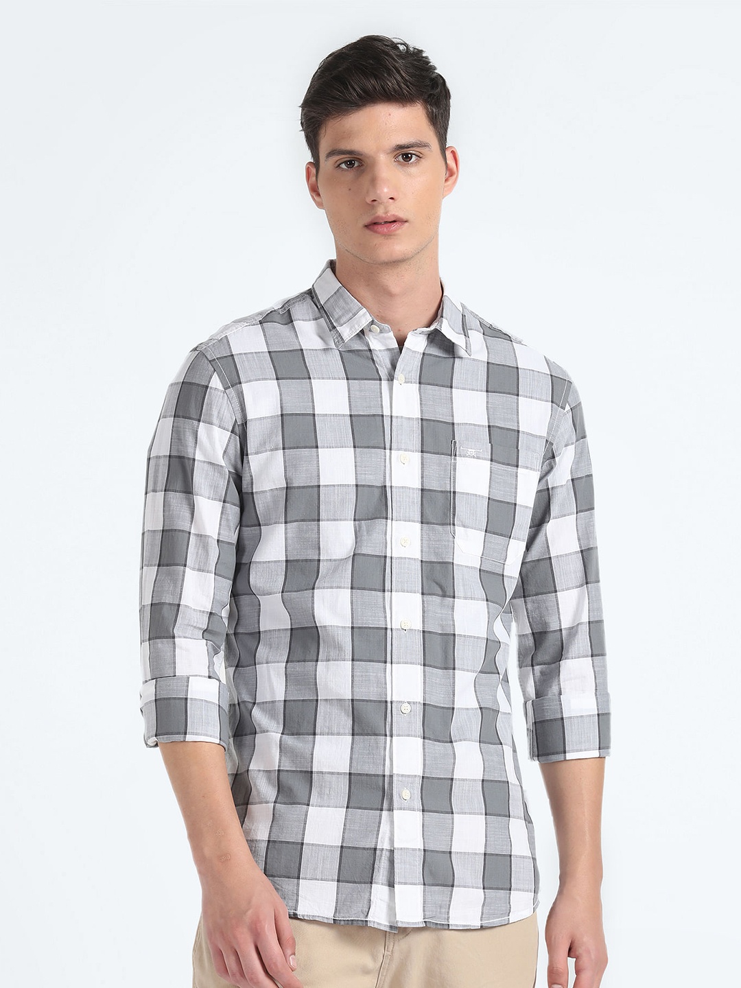 

Flying Machine Slim Fit Checked Spread Collar Pure Cotton Casual Shirt, Grey