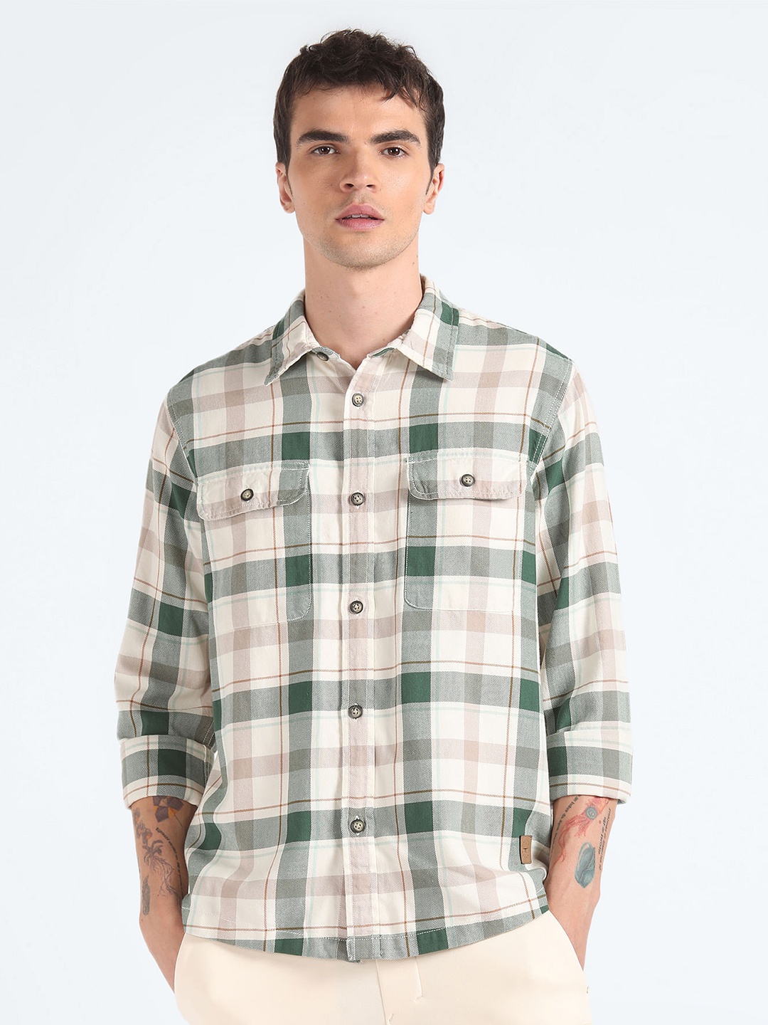 

Flying Machine Tartan Checked Spread Collar Pure Cotton Casual Shirt, Off white