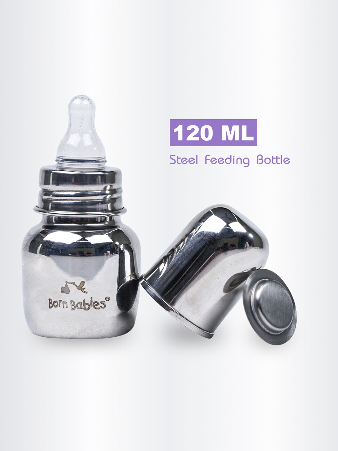 

Born Babies Kids Feeding Bottles With Anti-Colic Silicone Nipple & Travel Cap 120 ml, Silver