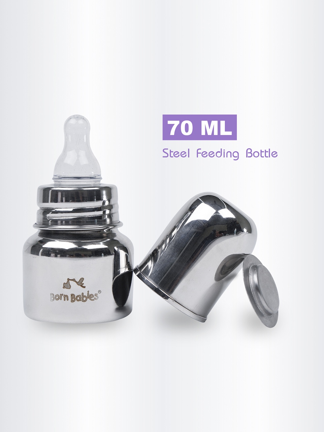 

Born Babies Kids Anti-Colic Silicone Nipple & Travel Cap Feeding Bottle 70 ml, Silver