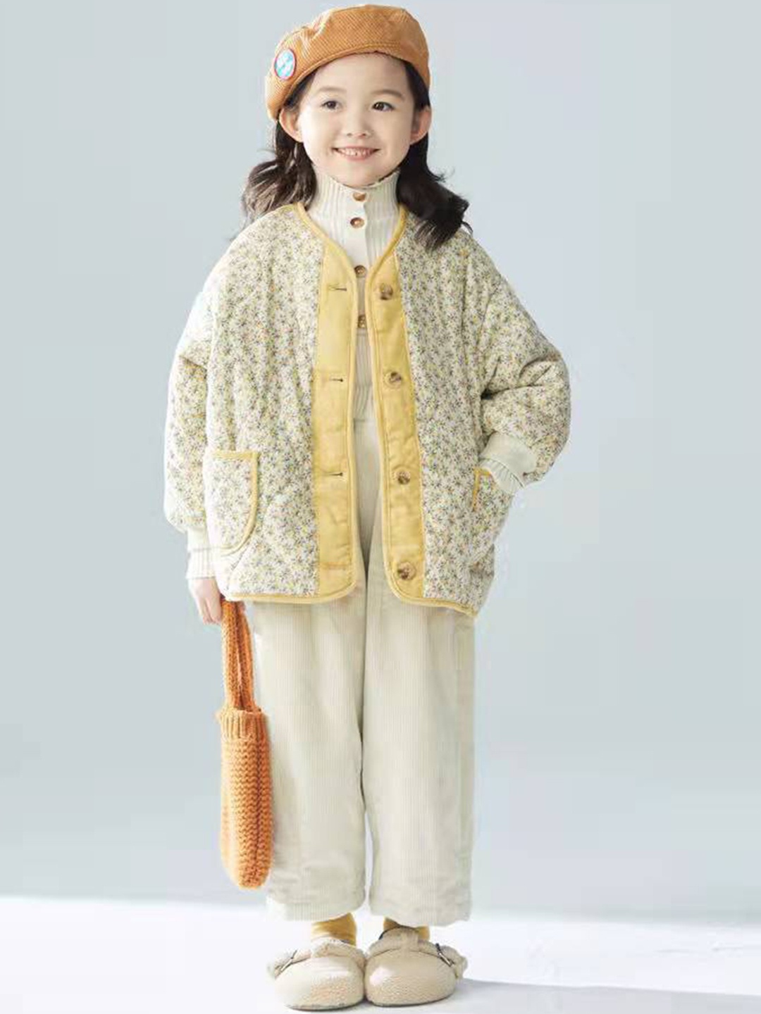 

StyleCast Girls Yellow Floral Self Design Collarless Insulator Open Front Jacket