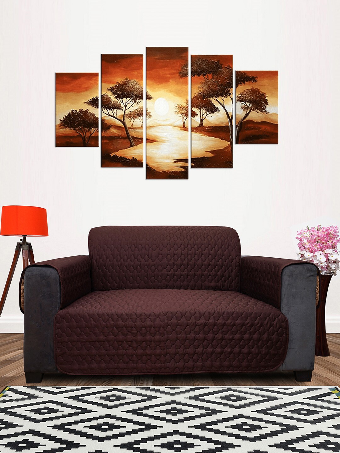 

DREAM CARE Coffee Brown & Beige Quilted Reversible 2 Seater Sofa Cover With Pockets
