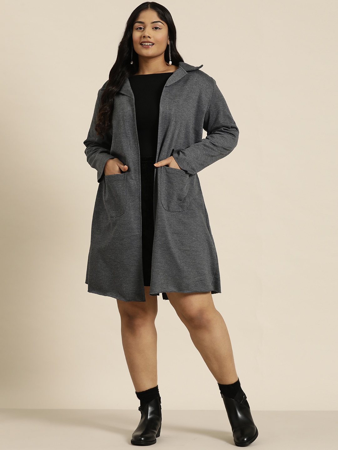 

Qurvii+ Plus Size Front-Open Overcoat, Grey