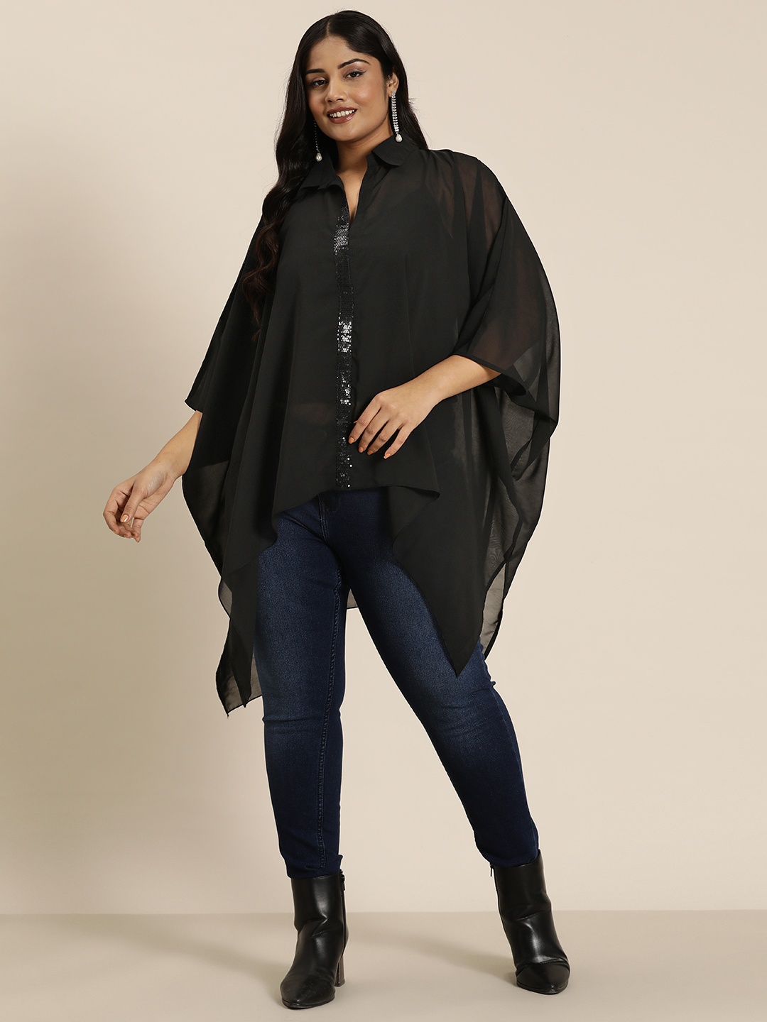 

Qurvii+ Plus Size Flared Sleeves Georgette Kaftan Longline Top, Black