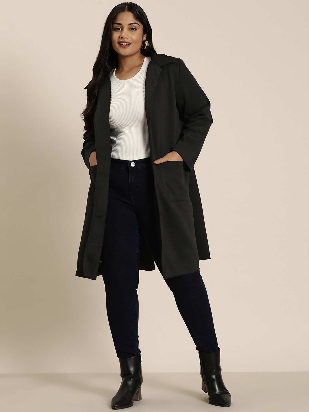 

Qurvii+ Women Fleece Longline Open Front Jacket, Black