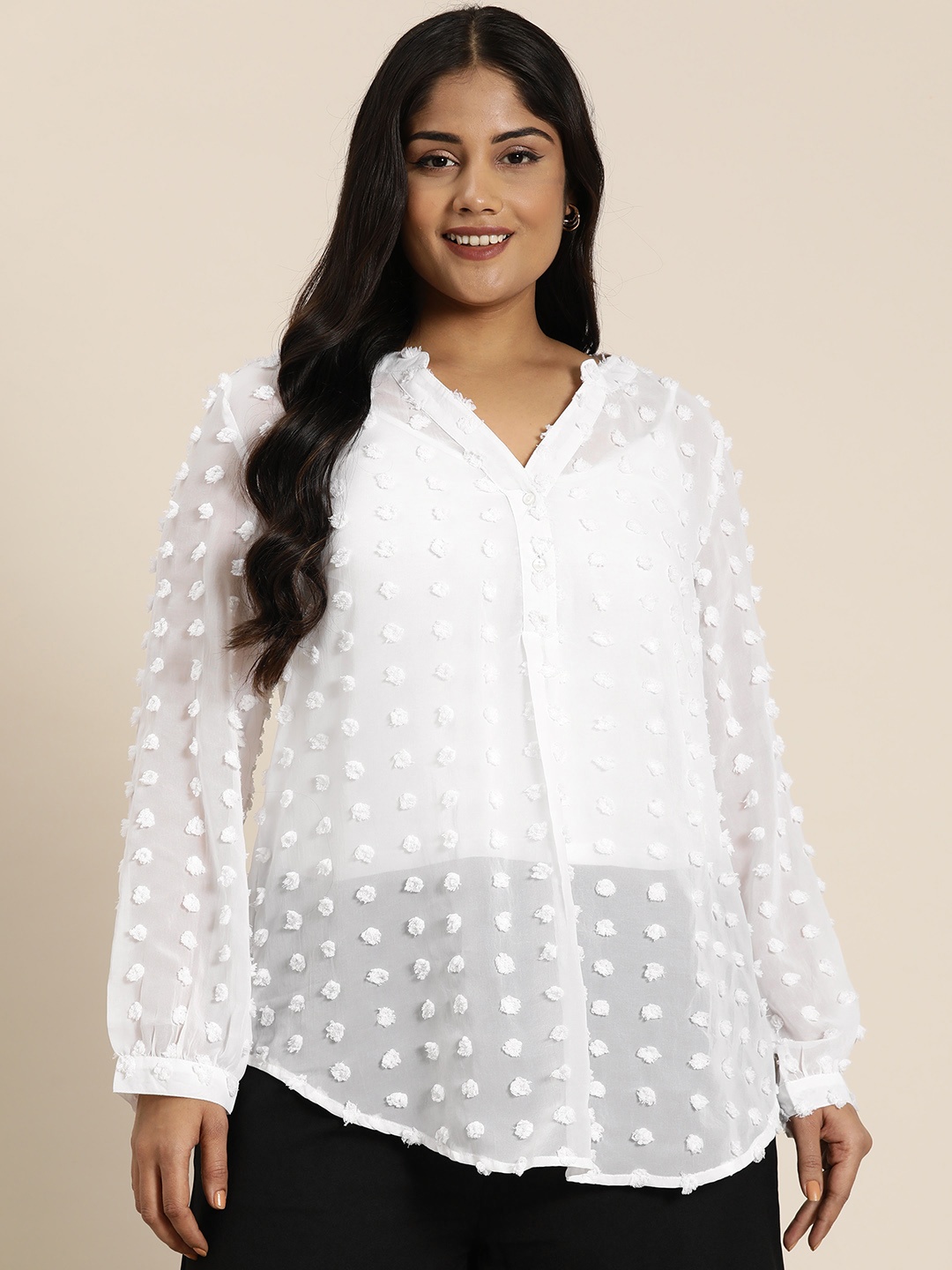 

Qurvii+ Plus Size Comfort Polka Dot Mandarin Collar Casual Shirt, White