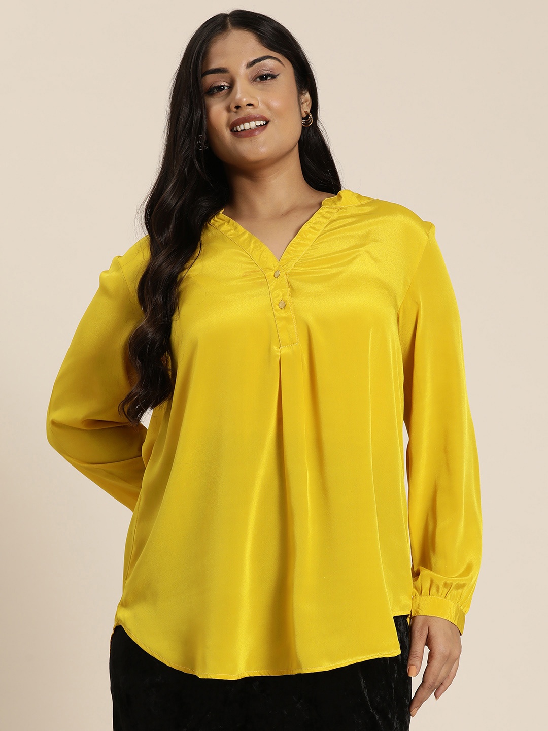 

Qurvii+ Plus Size Comfort Mandarin Collar Casual Shirt, Yellow